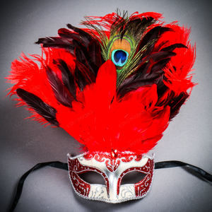 Venetian Glitter Crystal Mardi Gras Mask with Peacock Large Feather - Silver Red